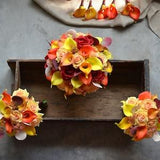 Yellow Red Orange Wedding Bouquets, Real Touch Yellow Orange Calla Lilies, Roses, Red Orange Bridal Bouquets