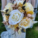 Yellow, Gold and Cream Artificial Rose and Natural Dried Foliage Traditional Bridal Bouquet