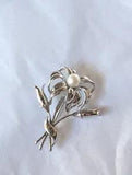Large Vintage Sterling Silver flower Lily Cluster ribbon Pearl flower Brooch Pin