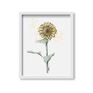 Gold Sunflower - Flower Illustration, Art, Fine Art, Wall Art Print, Poster Illustration, Nature,Botanicals, Plants, Floral, Flower