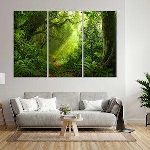 Tropical Forest Print Canvas, Green Jungle Art for Wall, Forest Painting on Canvas, Green Plants Original Artwork for Home, Wooden Decor