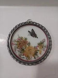 Dried Flowers And Butterfly Glass And Metal Wall Hanging