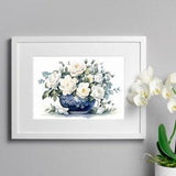 Watercolor Rose Bouquet in Blue Vintage Vase, White Roses Bouquet, Roman Vase, Vintage Decor, Botanical Print, Classic Art, Tudor Decor