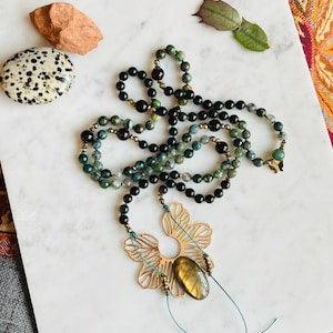 Nature Goddess 108 Beads Mala, Labradorite Orchid Pendant, Moss Agate, Black Obsidian, Healing Gifts For Her, Japa Mala, Crystal Energy Mala