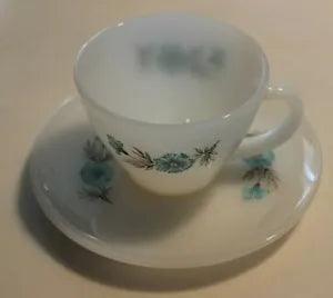 Vtg Fire King Cup & Saucer Milk Glass with Turquoise Flowers Carnation