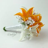 CHOOSE RIBBON COLOR - Orange and White Bridesmaid Bouquet, Orange, White Tiger Lily, Baby??s Breath, Real Touch, Wedding, Bride