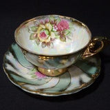 Vintage Iridescent Japan Teacup and Saucer Set turquoise and white swirl with floral rose bouquet gold handle teal blue gold brushed rim