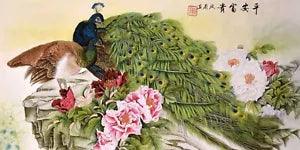 HANDPAINTED ORIGINAL ASIAN ART CHINESE WATERCOLOR PAINTING-Peony flower&Peacock