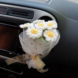 Crochet Flower Bouquet Car Vent Clip, Daisy/Sunflower Bouquet Car Air Vent Clip, Cute Interior Car Accessory for Women, Car Air Freshener