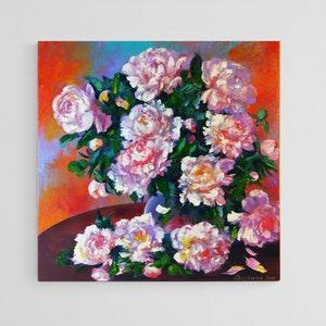 Peony Oil Painting Floral Original Canvas ,Bouquet Flowers in Vase Artwork Modern Still life Wall Art 16 by 16 inches