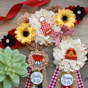 Baby Q Baby Shower Sash, Sunflower BBQ Maternity Sash, BBQ Baby Shower, Mommy To Be Ribbon, Daddy To Be Ribbon Pin, Summer Baby Shower