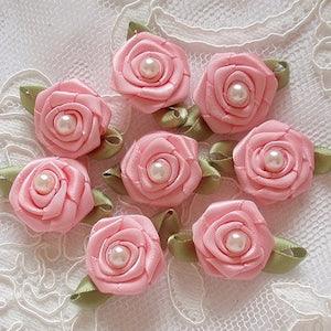 8 Handmade Ribbon Roses With Leaves (1 inch) In Pearl Pink And Have Over 150 Colors To Choose MY-330-12 Ready To Ship