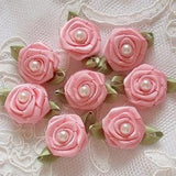 8 Handmade Ribbon Roses With Leaves (1 inch) In Pearl Pink And Have Over 150 Colors To Choose MY-330-12 Ready To Ship