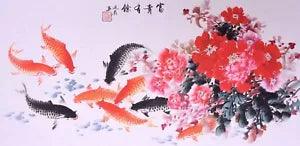 ORIGINAL ASIAN ART CHINESE ANIMAL WATERCOLOR PAINTING-Koi fish carp&peony flower