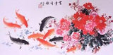 ORIGINAL ASIAN ART CHINESE ANIMAL WATERCOLOR PAINTING-Koi fish carp&peony flower