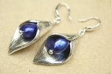 Arum Lily Flower Earrings Bright Blue Baroque Pearl Drop Dangle Tibetan Silver