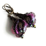 Iridescent Magenta Orchid Victorian Earrings, Hand Painted Botanical Flower Earrings, Nature Inspired, Color Shifting Lightweight Earrings