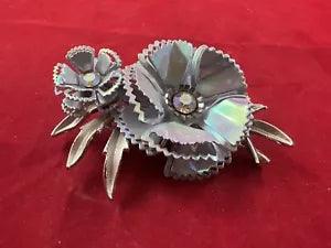 Silvertone Vintage Costume Bright Dbl Carnation Rhinestone Flower Brooch Pin
