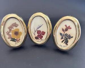 small dried flowers in gold plastic frames