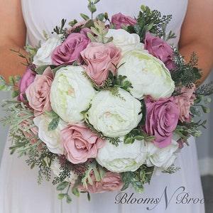 Wedding Bouquet Dusty Rose Mauve Ivory, Artificial Bridal Bouquet Roses Peonies Greenery, Faux Wedding Flowers for Bride and Bridesmaids