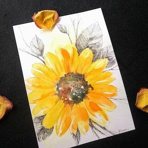 5"x7" Original Hand painted watercolor illustration, yellow sunflower, floral art,  cheerful home  decor,fall themed wall art