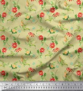 Soimoi Beige Cotton Jersey Fabric Leaves & Peony Floral Print Fabric-nBb