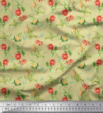 Soimoi Beige Cotton Jersey Fabric Leaves & Peony Floral Print Fabric-nBb