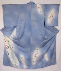 Vintage Botan Peony flower Tsukesage Kimono blue gray pure silk