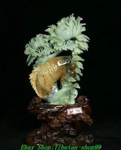 17" China Natural Xiu Jade Carve Peony flower Fish Goldfish Coin Animal Statue