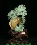 17" China Natural Xiu Jade Carve Peony flower Fish Goldfish Coin Animal Statue