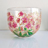 Pink orchids glass mug for her,  hand painted flowers coffee mug