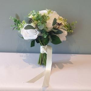 Ivory And white Rose And Gypsophila Bouquet - Artificial Silk Flowers For Wedding Anniversary Birthday  | Claire De Fleurs