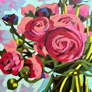 Ranunculus Bouquet Acrylic Painting on Wood Panel 24" x 30"