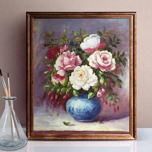 Blooming Flowers in Blue Vase, Peony Bouquet Oil Painting On Canvas, Flower Wall Decor for Diningroom Living Room