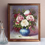 Blooming Flowers in Blue Vase, Peony Bouquet Oil Painting On Canvas, Flower Wall Decor for Diningroom Living Room