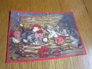 Vtg Cats Paper Picture SMALL Pretty Kittens In Basket Flower Label?  Carnation