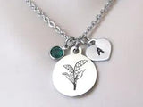 Lily of the Valley Necklace with Initial Heart and May Birthstone, Birth Flower