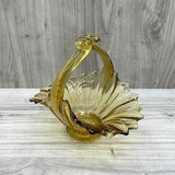 Vintage Hand Blown Honey Gold Yellow Glass Sunflower Basket Art Glass Candy or Trinket Dish w/ Handle Mid Century Collectible Glass