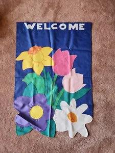 BIG Vintage Garden Flag Banner Spring Embroidered Flowers Welcome Tulip Peony