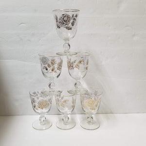 6 Gold Rose Bouquet Wine Glasses Vintage Libbey Water Goblet Set