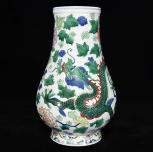 12" Chinese Porcelain qing dynasty qianlong mark doucai dragon peony flower Vase