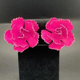 Vintage Metal Enamel Pink Carnation Rose Clip On Earrings 1.5"