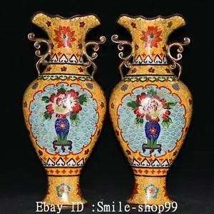 14.5" Old China Cloisonne Enamel Bronze Handle Peony Flower Vase Bottle Pair