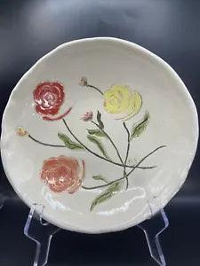 Hand Painted impressed earthenware Peony Flowers Fruit bowl Signed DS