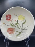 Hand Painted impressed earthenware Peony Flowers Fruit bowl Signed DS