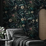 Dark Botanical Wallpaper, Secret Garden at Night, Peel and Stick, Snake and Birds, Botanic Plants Wall Mural
