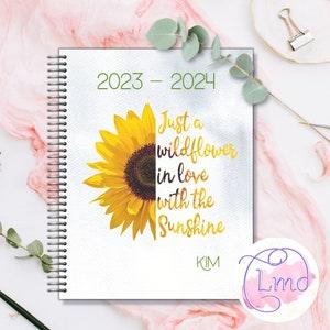 2023 -2024 Dated Weekly Planner Sunflower, August 2022-July 2023, Horizontal Layout, Personalized Initials on Cover