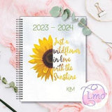 2023 -2024 Dated Weekly Planner Sunflower, August 2022-July 2023, Horizontal Layout, Personalized Initials on Cover