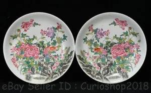 8.4" Qianlong Marked Chinese Famille rose Porcelain Peony Flower Tray disc Pair