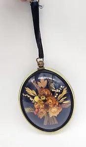 VTG Dried Flowers Wall Art Domed Convex Glass Framed Cideart Made Belgium Blue